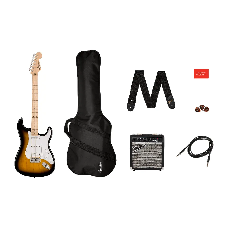 One Day Deal Squier Sonic Stratocaster Guitar Pack, Maple Fingerboard, 2-Color Sunburst, Gig Bag, 10G - 120V