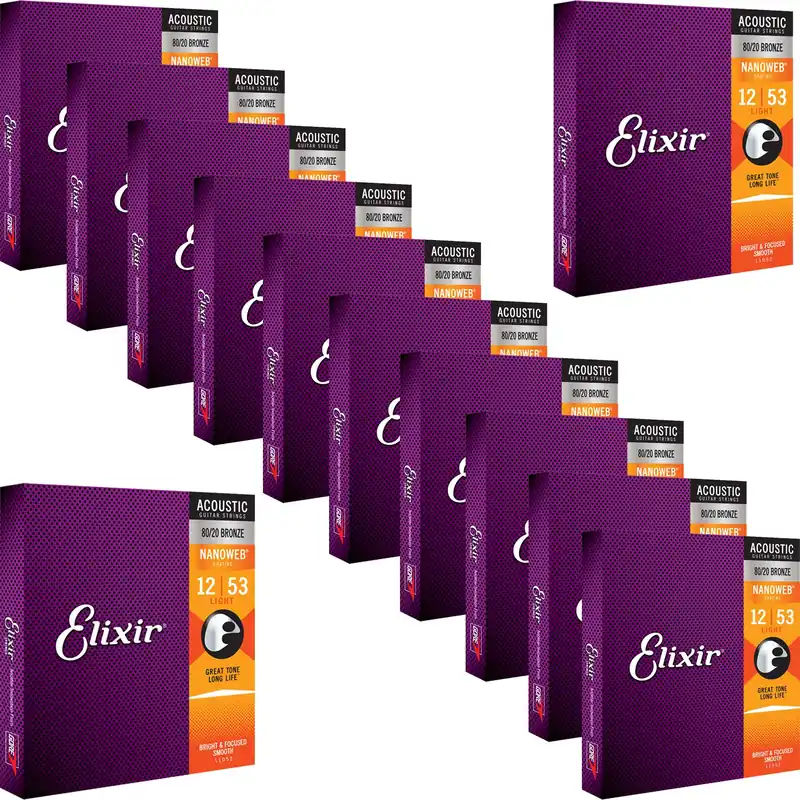 12 Sets of Elixir NANOWEB 80/20 Bronze Light Acoustic Guitar Strings 11052 12-53 Get Yours