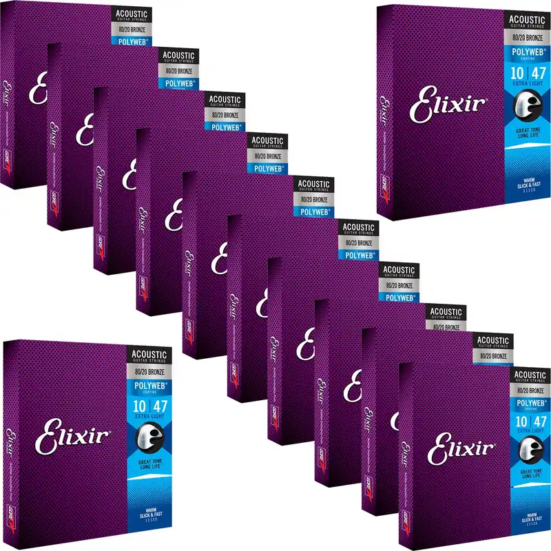 12 Sets of Elixir 11000 POLYWEB 80/20 Bronze Extra Light Acoustic Guitar Strings (10-47) Time-Limited