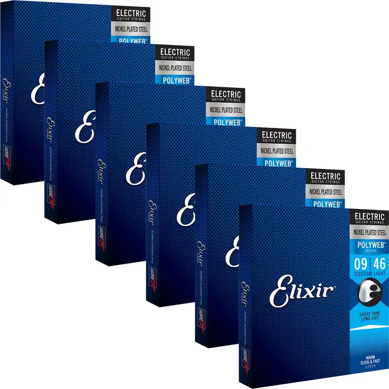 Professional Grade 6 Sets of Elixir 12025 POLYWEB Coating Electric Guitar Strings, Custom Light (9-46)