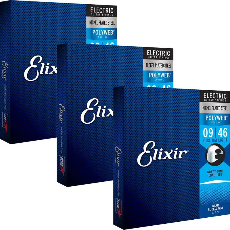 3 Sets of Elixir 12025 POLYWEB Coating Electric Guitar Strings, Custom Light (9-46) Reduced Price