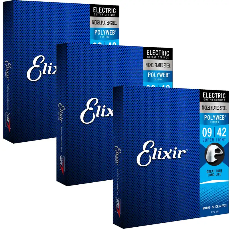 3 Sets of Elixir 12000 Electric Nickel Plated Steel with POLYWEB Coating Guitar Strings (9-42) Brand New