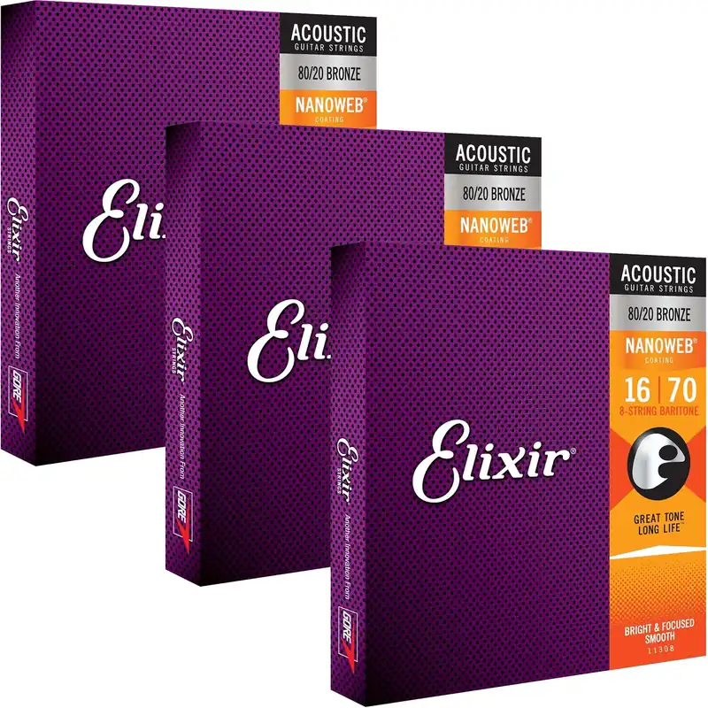 3 Sets of Elixir 11308 80/20 Bronze w/ NANOWEB Acoustic Guitar Strings, 8-String Baritone Genuine