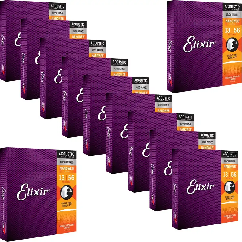 12 Sets of Elixir 11102 NANOWEB 80/20 Bronze Custom Medium Acoustic Guitar Strings 13-56 Free Delivery