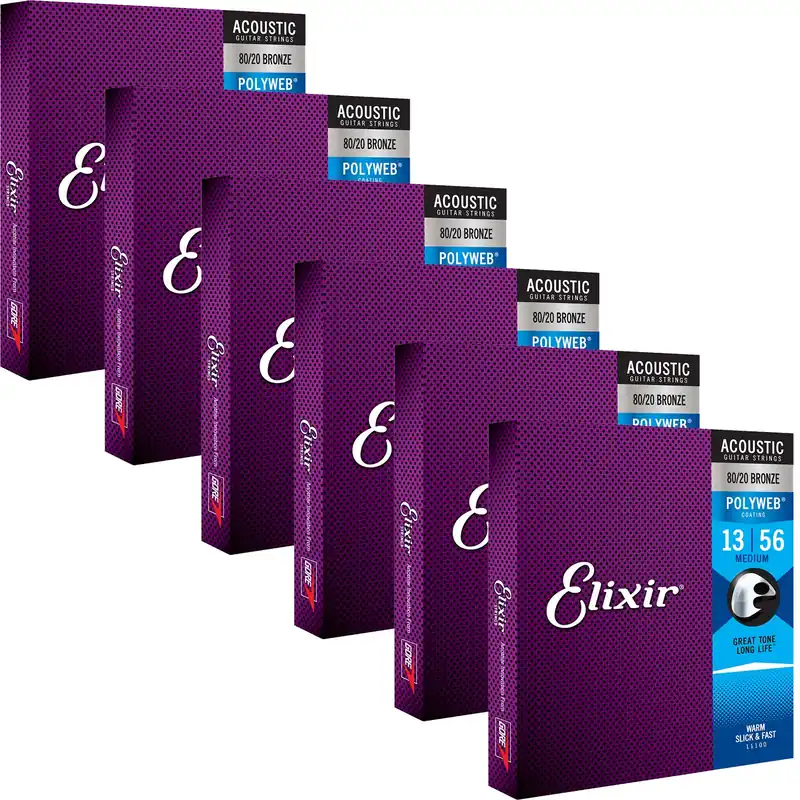 6 Sets of Elixir 11100 POLYWEB 80/20 Bronze Medium Acoustic Guitar Strings 13-56 Buy Today