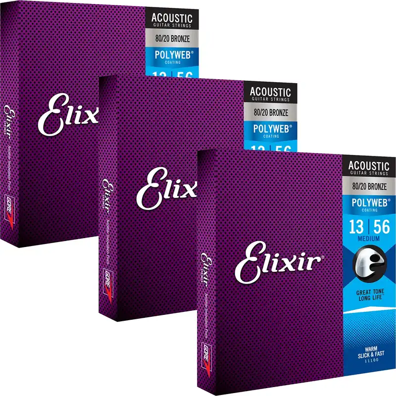 3 Sets of Elixir 11100 POLYWEB 80/20 Bronze Medium Acoustic Guitar Strings (13-56) Direct From Factory