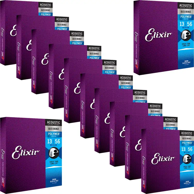 Brand New 12 Sets of Elixir 11100 POLYWEB 80/20 Bronze Medium Acoustic Guitar Strings 13-56
