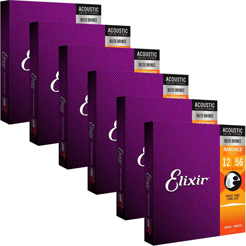 6 Sets of Elixir 11077 NANOWEB 80/20 Bronze Light Medium Acoustic Guitar Strings (12-56) Clearance