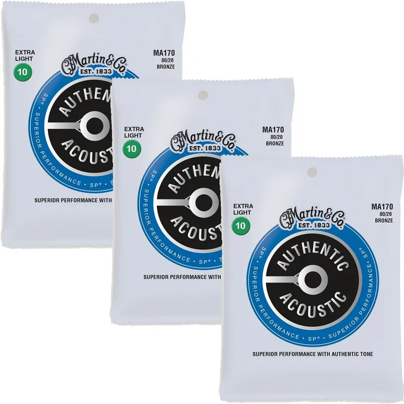 Worldwide Shipping 3-Pack Martin MA170 Authentic Acoustic Guitar Strings, 80/20 Bronze Extra Light 10-47
