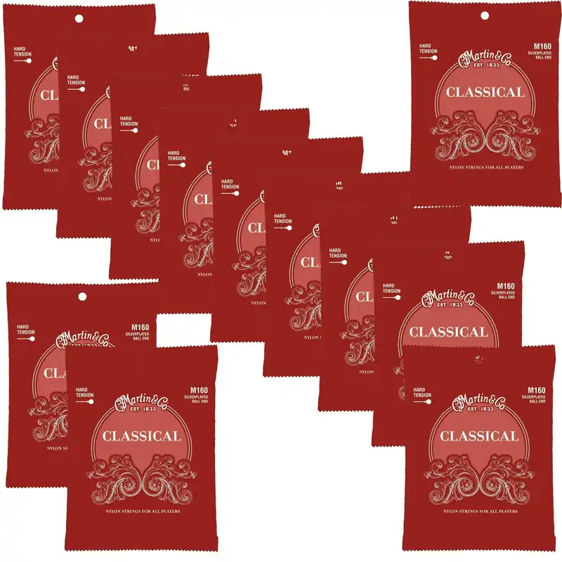 Premium 12-Pack Martin M160 Silverplated Ball-End High-Tension Nylon Guitar Strings 28-43