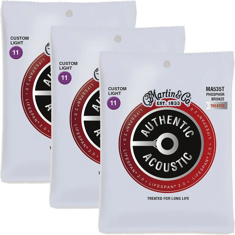 Modern 3-Pack Martin Authentic Lifespan 2.0 Treated Acoustic Guitar Strings, 92/8 Phosphor Bronze Custom Light