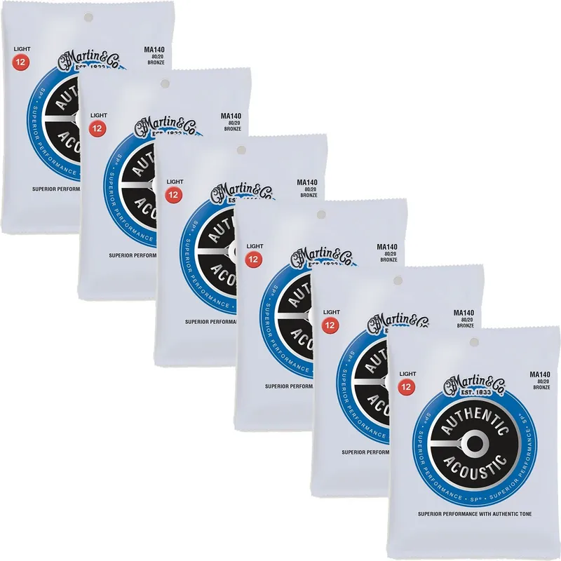 Weekend Sale 6-Pack Martin MA140 80/20 Bronze Authentic Acoustic Guitar Strings, Light 12-54