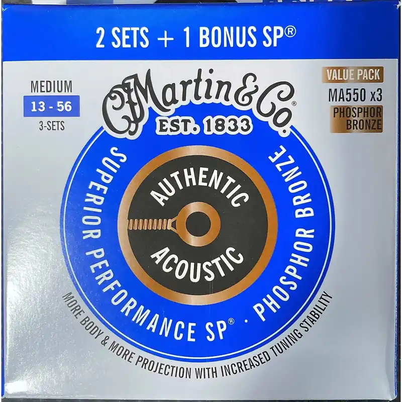 3-Pack of Martin MA550 SP 92/8 Phosphor Bronze Medium Guitar Strings, 13-56 Wholesale