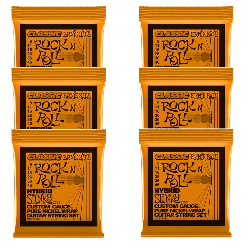Brand New 6-Pack of Ernie Ball 2252 Hybrid Slinky Classic Rock N Roll Electric Guitar Strings, 9-46