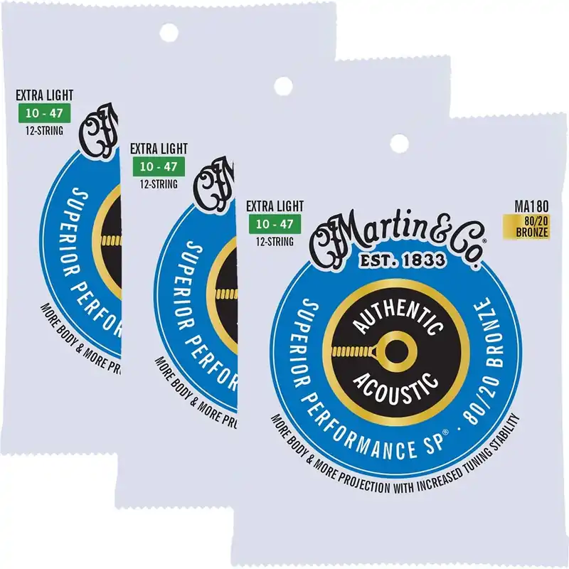 3-Pack of Martin MA180 Authentic Acoustic SP Bronze Guitar Strings, Extra Light 12-String Hassle-Free Returns