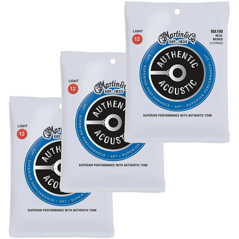 3-Pack of Martin MA190 Authentic Acoustic SP Bronze Guitar Strings, Light 12-String Fast Shipping
