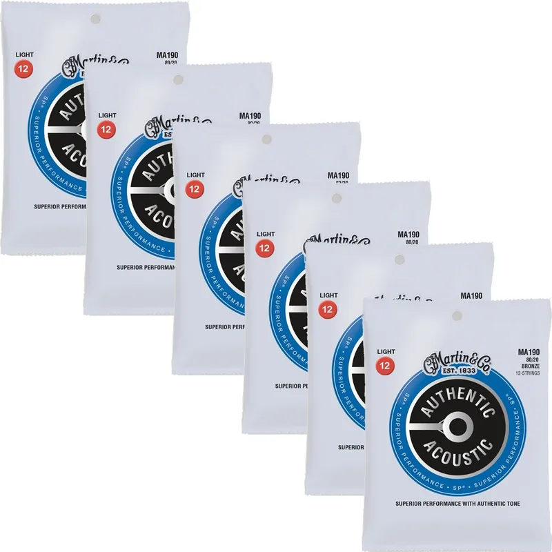 One Day Deal 6-Pack of Martin MA190 Authentic Acoustic SP Bronze Guitar Strings, Light 12-String