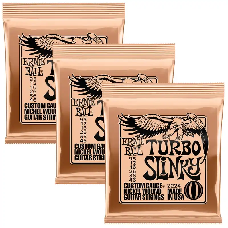 Crafted 3-Pack Ernie Ball 2224 Turbo Slinky Nickel Wound Electric Guitar String, 9.5-46