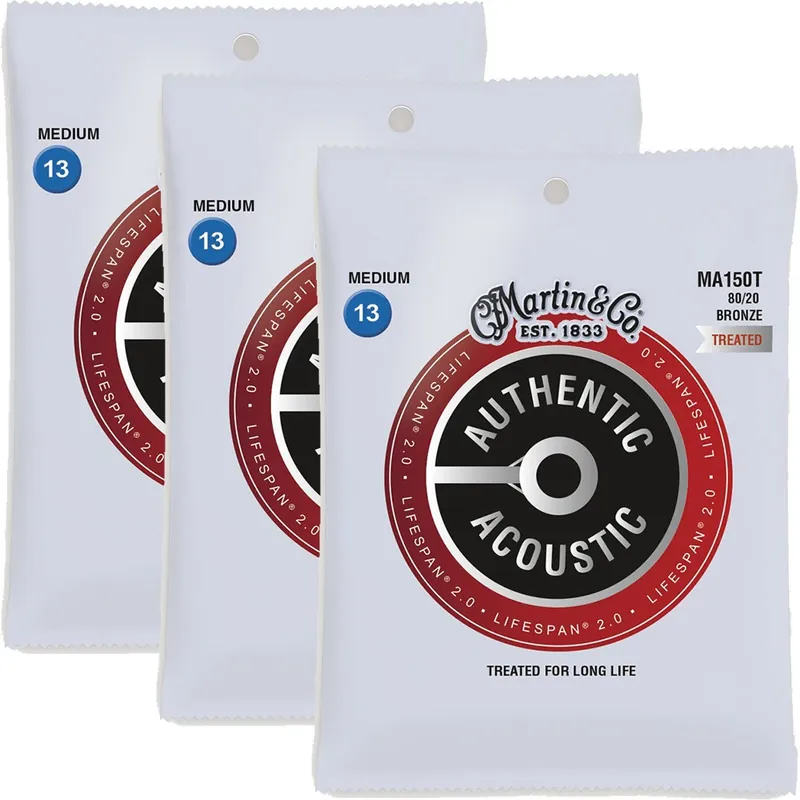 3-Pack Martin MA150T Authentic Lifespan 2.0 Treated Acoustic Guitar Strings, 80/20 Bronze Medium 13-56 Exclusive Offer