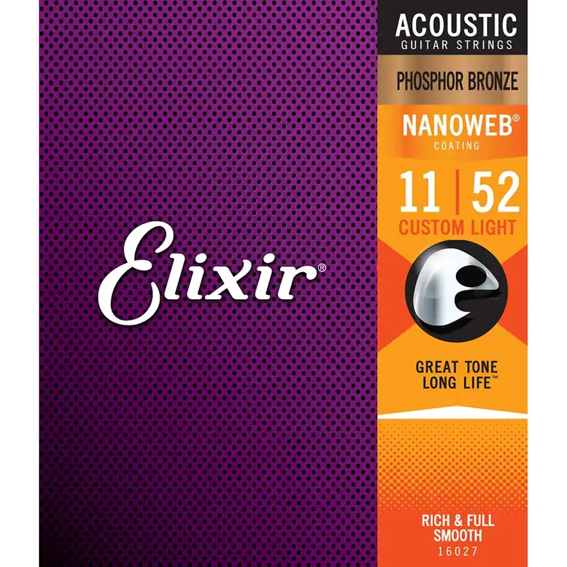 Seasonal Sale Elixir 16027 Nanoweb Phosphor Bronze Custom Light Acoustic Guitar Strings (11-52)