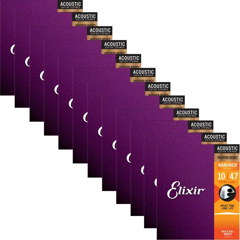 Elixir Nanoweb Phosphor Bronze Extra Light Acoustic Guitar Strings 16002 12 Sets Trending