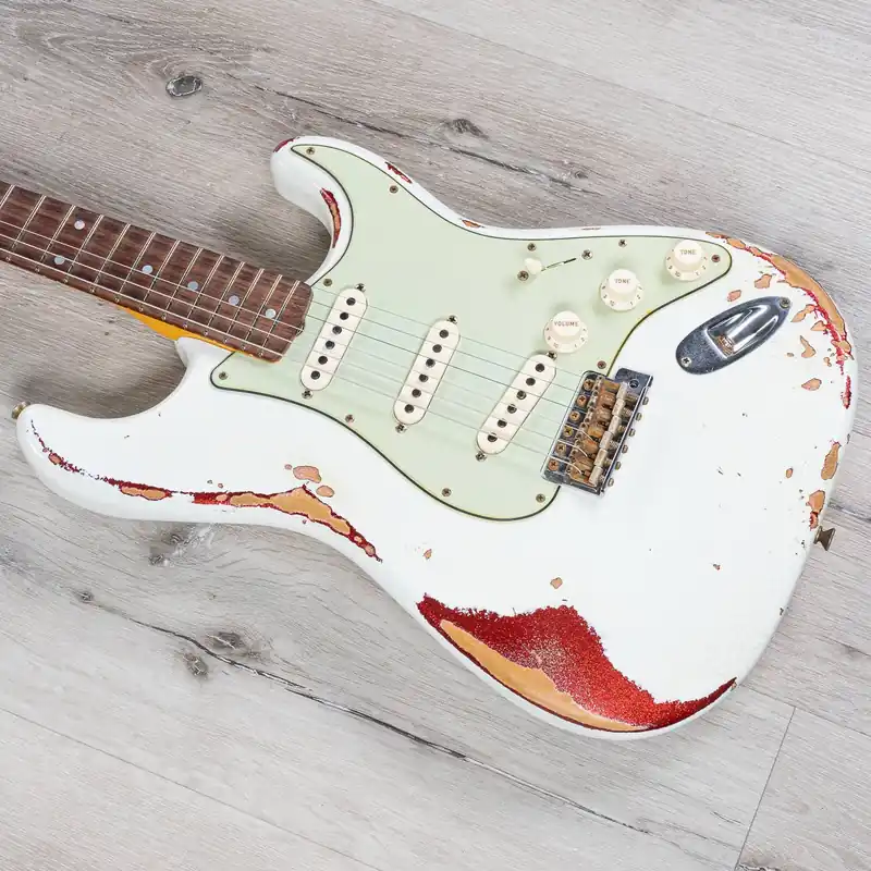 Trending Fender Custom Shop 1960 Heavy Relic Stratocaster, Olympic White over Red Sparkle, Rosewood Fingerboard
