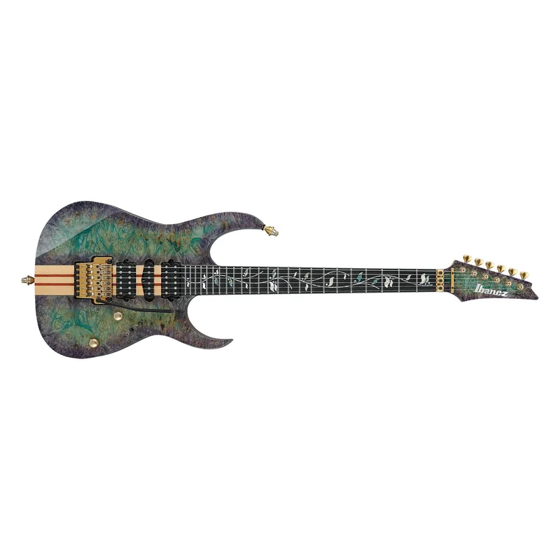 Buy Direct Ibanez Japan Custom Shop IV2RG Visions RG Guitar, Ebony Fretboard, Burl Maple Top, Black Limba Body, Blue / Green / Purple Aurora