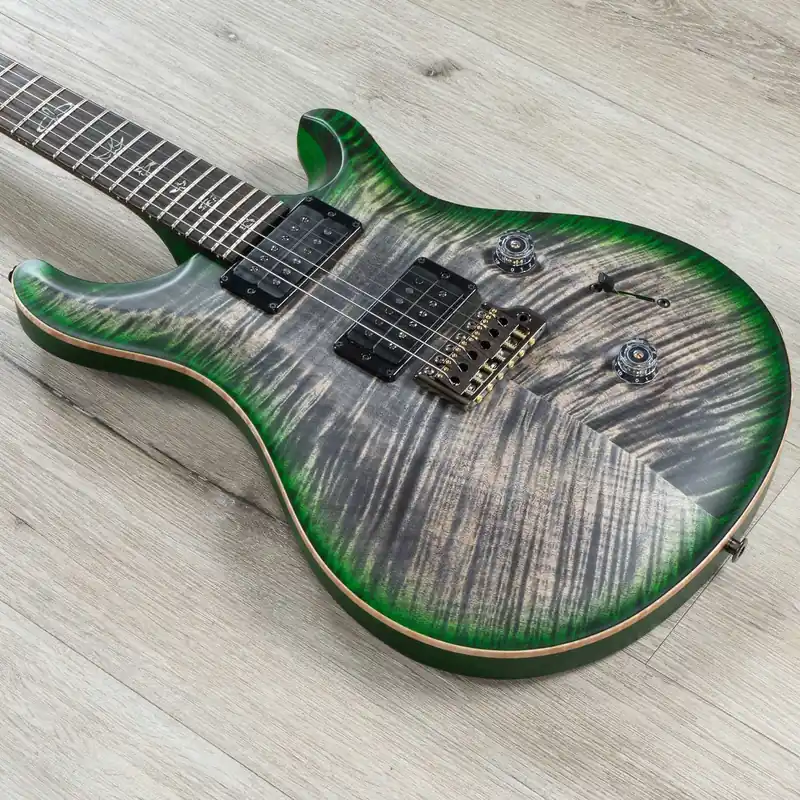PRS Paul Reed Smith Wood Library Custom 24 Guitar, Ziricote Fretboard, Figured Maple Neck, Ash Body, Flame Top, Satin Charcoal Jade Burst High Quality