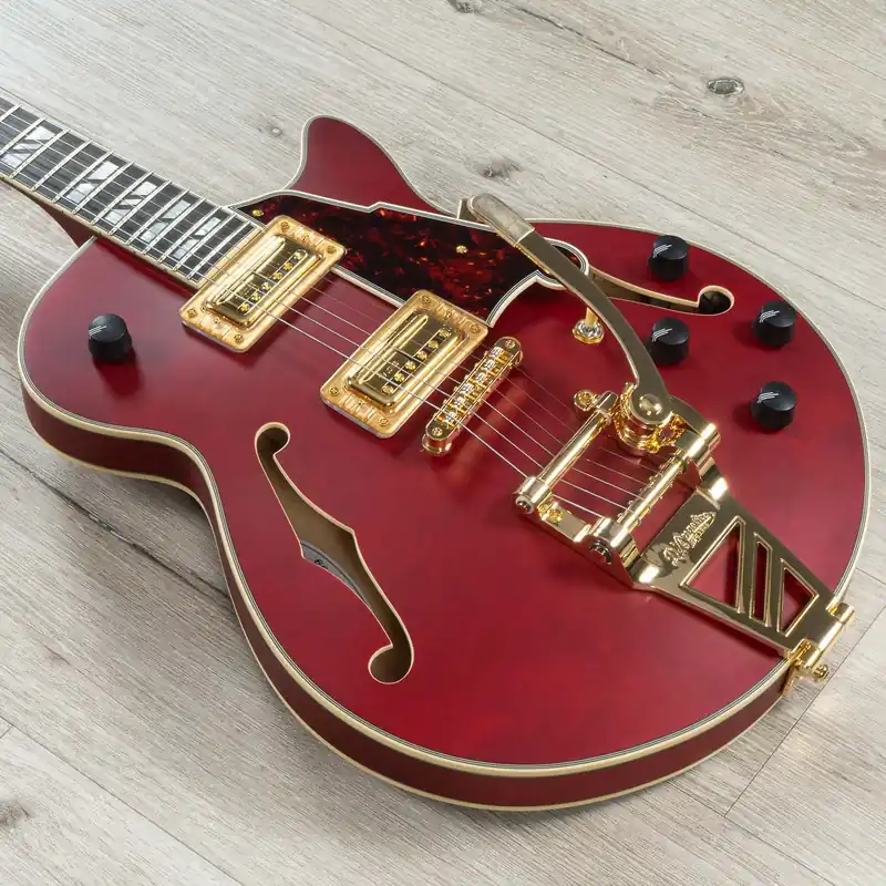 D'Angelico Deluxe Bobby Weir 3 Semi-Hollow Guitar, Ebony Fretboard, TV Jones Pickups, Satin Trans Wine No Minimum Order