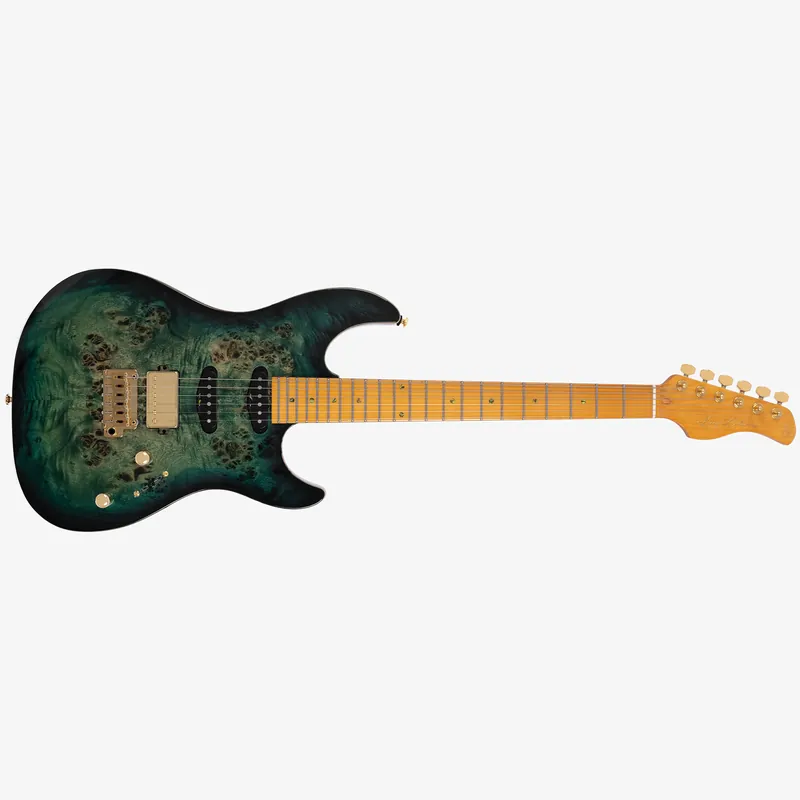 Sire Larry Carlton S10 HSS Guitar, Rolled Maple Fingerboard, Poplar Burl Top, Transparent Green Special Offer