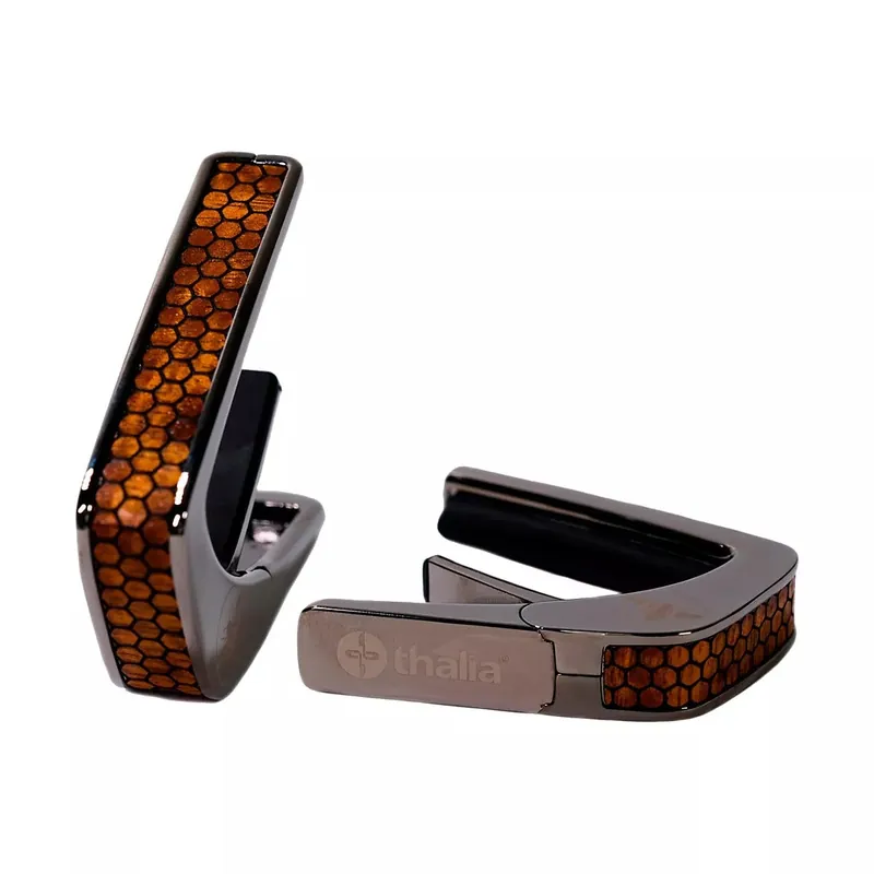 Thalia Premium Series Black Chrome Finish Guitar Capo, AAA Curly Hawaiian Koa, Save the Bees Honeycomb Free Shipping