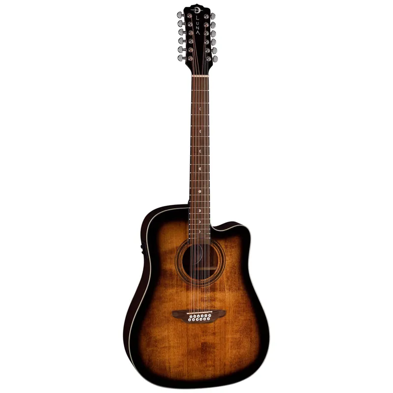 Luna Art Vintage Dreadnought Cutaway 12-String Acoustic-Electric Guitar, Distressed Brownburst Best Seller