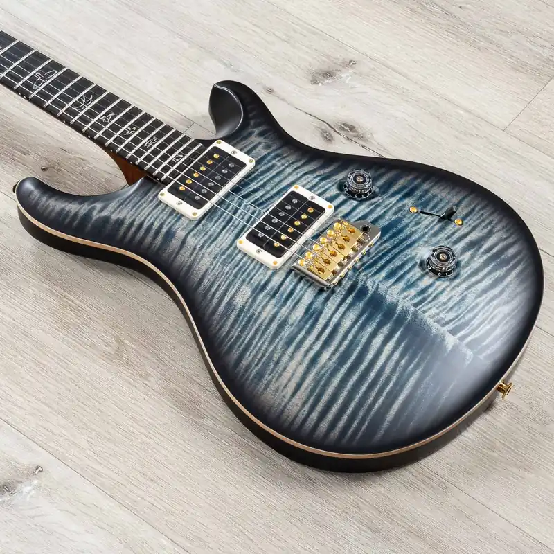 Low Price PRS Paul Reed Smith Wood Library Custom 24 Guitar, Ebony Fretboard, Roasted Flame Maple Neck, Swamp Ash Body, Faded Whale Blue Smokeburst