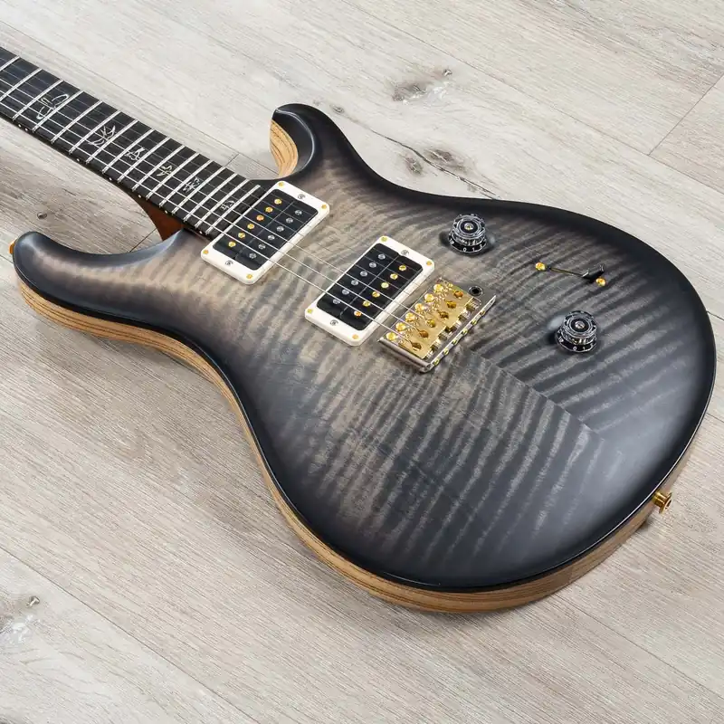 Buy Online PRS Paul Reed Smith Wood Library Custom 24 Guitar, Ebony Fretboard, Roasted Flame Maple Neck, Swamp Ash Body, Gray Black Fade Microburst