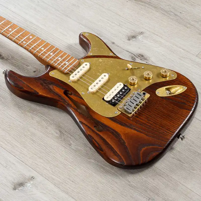 Final Sale Paoletti Stratospheric Lounge HSS Semi-Hollow Guitar, 5A Roasted Curly Maple Fretboard, Natural