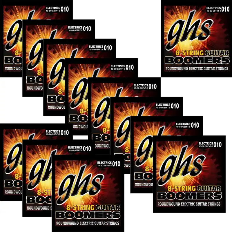 Direct From Manufacturer 12 Sets GHS Strings GBTNT-8 Boomers 8-String Thin/Thick Electric Guitar Strings 10-80