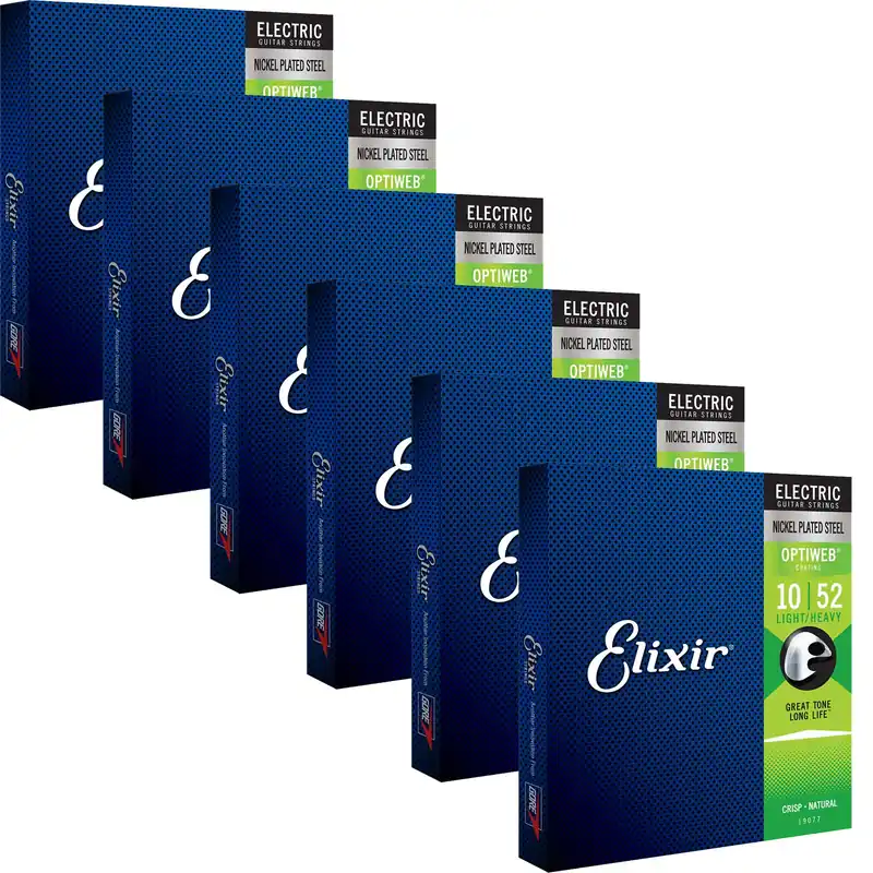 Modern 6 Sets of Elixir 19077 Nickel Plated Steel OPTIWEB Electric Guitar Strings, Light/Heavy (10-52)
