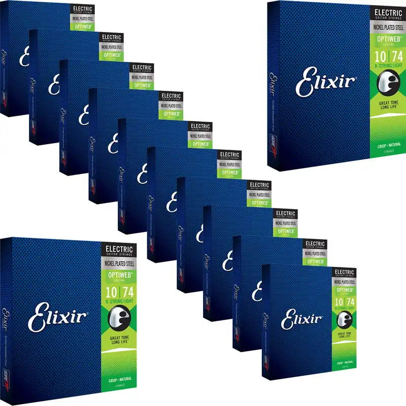 12 Sets of Elixir 19062 OPTIWEB 8-String Electric Guitar Strings - Light (10 - 74) Reduced Price