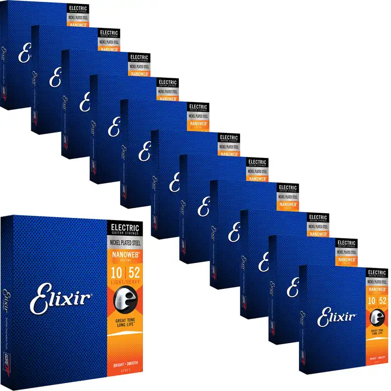 Order Now 12 Sets of Elixir 12077 NANOWEB Light Top/Heavy Bottom Electric Guitar Strings(10-52)