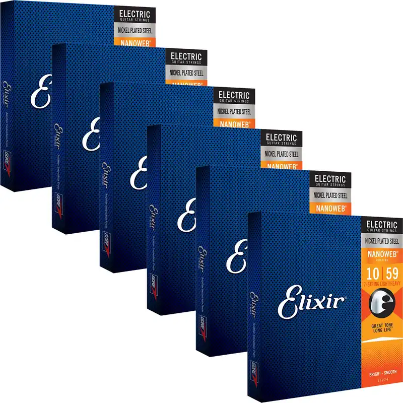 6 Sets of Elixir 12074 NANOWEB Coating Electric Guitar Strings, 7-String Light/Heavy (10-59) Fresh Stock
