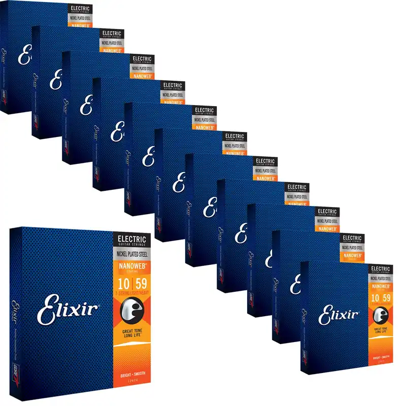 Place Order 12 Sets of Elixir 12074 NANOWEB Coating Electric Guitar Strings, 7-String Light/Heavy (10-59)