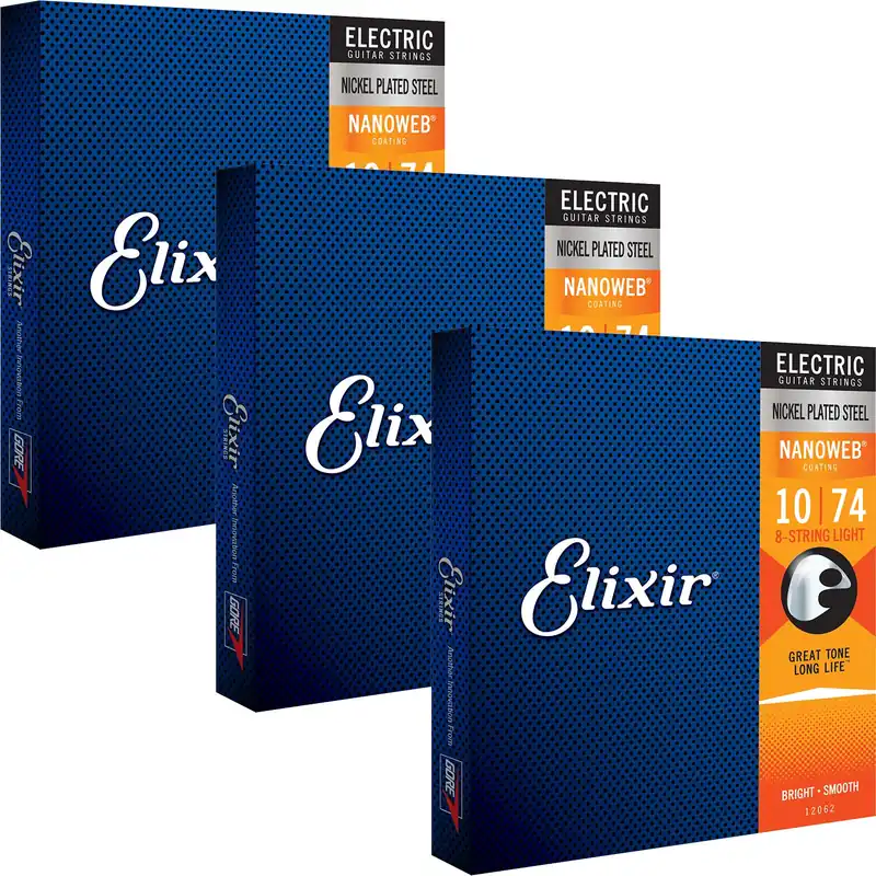 No Minimum Order 3 Sets of Elixir 12062 NANOWEB Coating Electric Guitar Strings, 8-String Light (10-74)