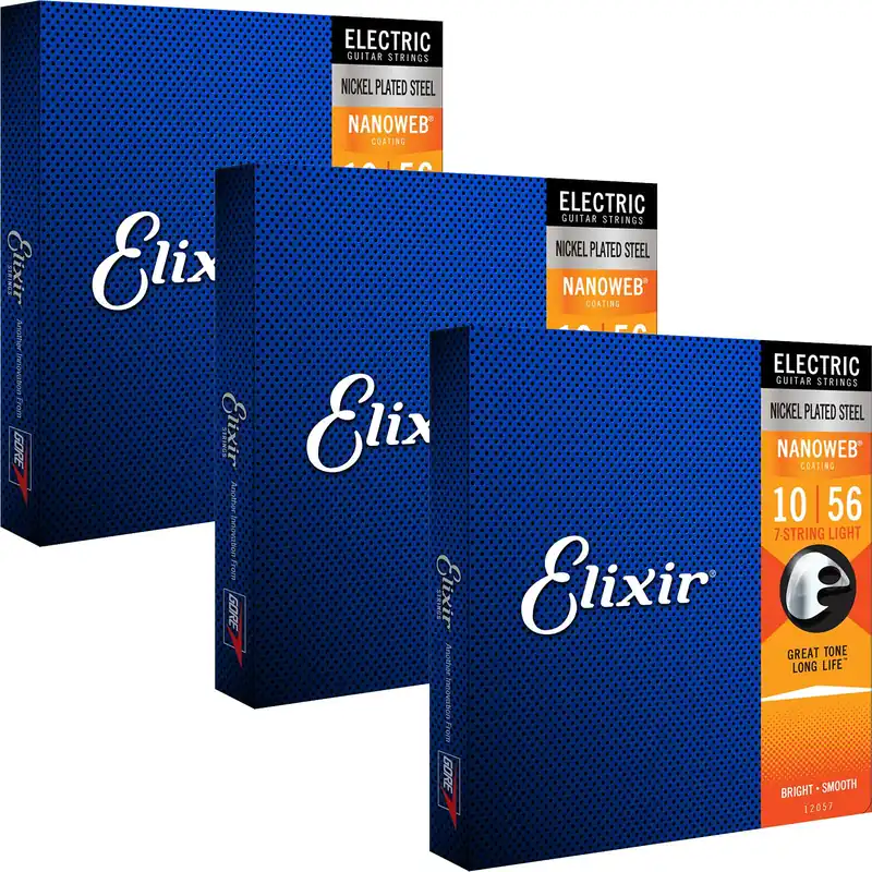 Save Now 3 Sets of Elixir 12057 NANOWEB 7-String Electric Guitar Strings Light 10-56