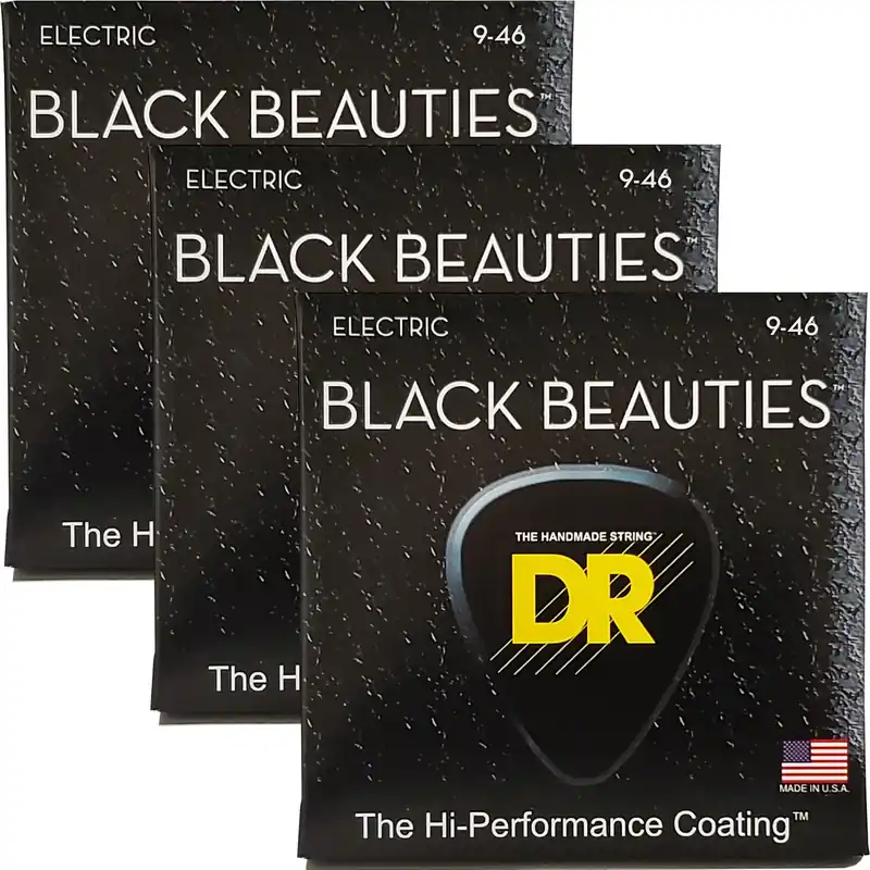 3-Pack DR Black Beauties Colored Electric Guitar Strings, Light to Medium 9-46 In Demand