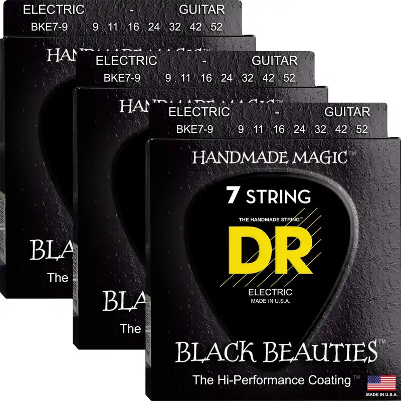 Top Rated 3-Pack DR Black Beauties Colored Electric Guitar Strings, 7-String Light 9-52