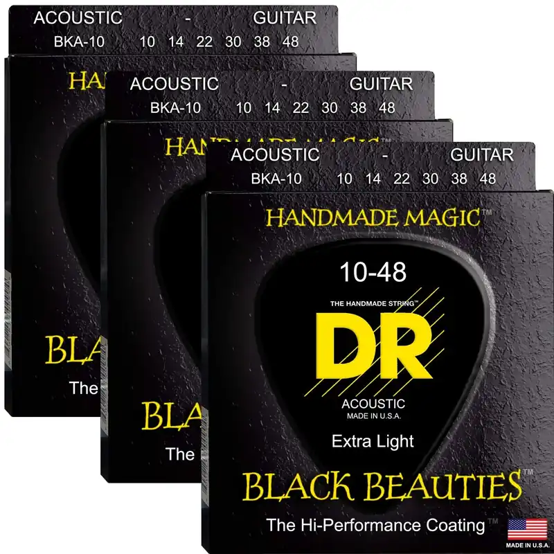 3-Pack DR Black Beauties Colored Acoustic Guitar Strings, Extra Light 10-48 Handmade