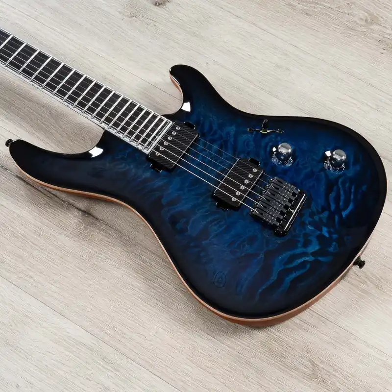 Genuine Mayones Regius Core Classic 6 B27Baritone Guitar, 4A Quilt Maple Top, Trans Dirty Blue Burst Gloss