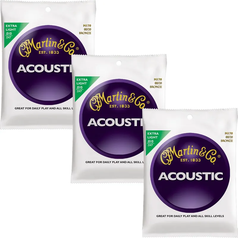 3-Pack Martin M-170 Traditional 80/20 Bronze Extra Light Acoustic Guitar Strings 10-47 Certified