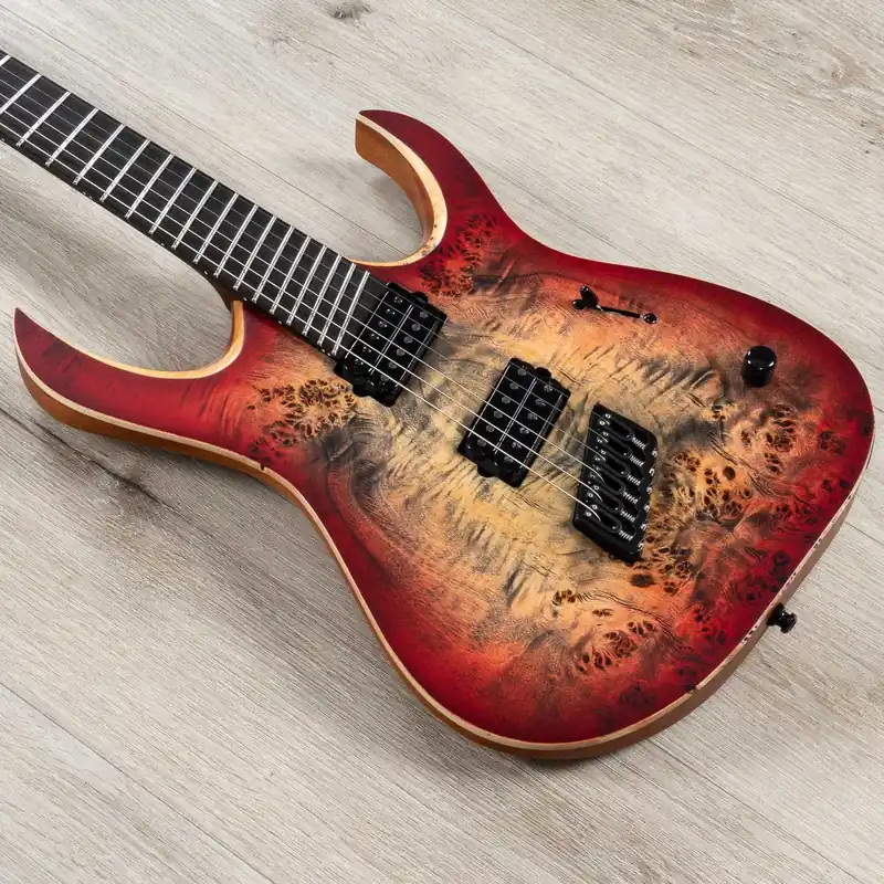Express Delivery Mayones Duvell Elite VF BKP 6 Multi-Scale Guitar, Ebony Fretboard, Trans Jeans Black Red Burst Satin