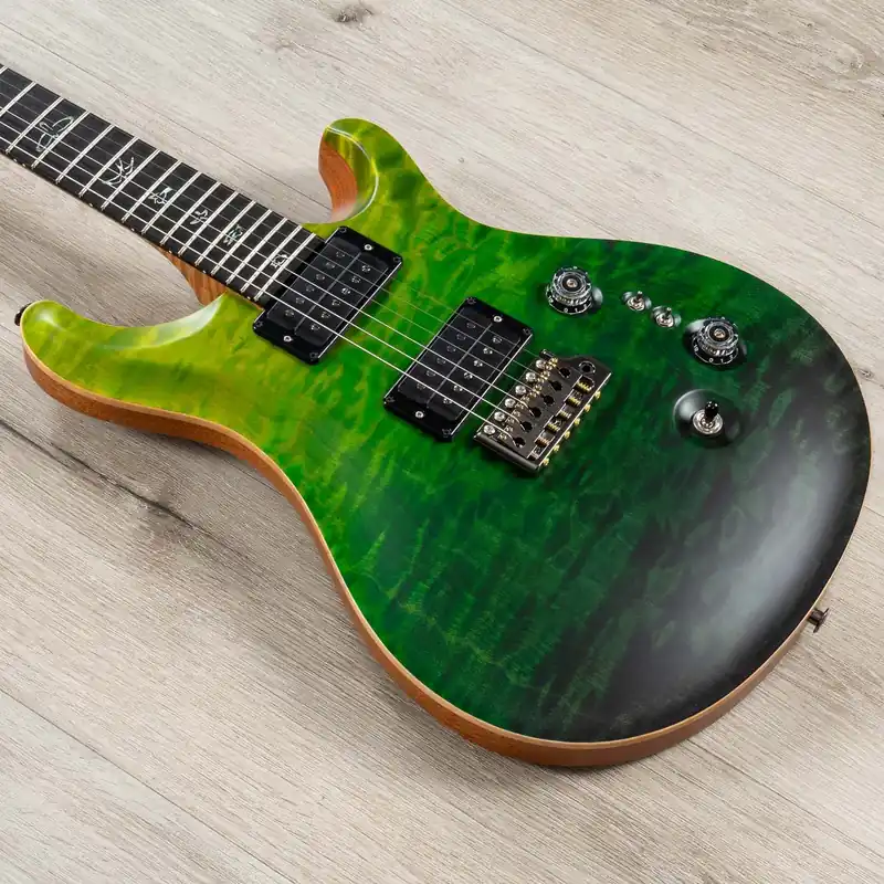 Money Back Guarantee PRS Paul Reed Smith Wood Library Custom 24-08 Guitar, Ebony Fretboard, Roasted Maple Neck, One-Piece Quilt Top, Green Fade Satin